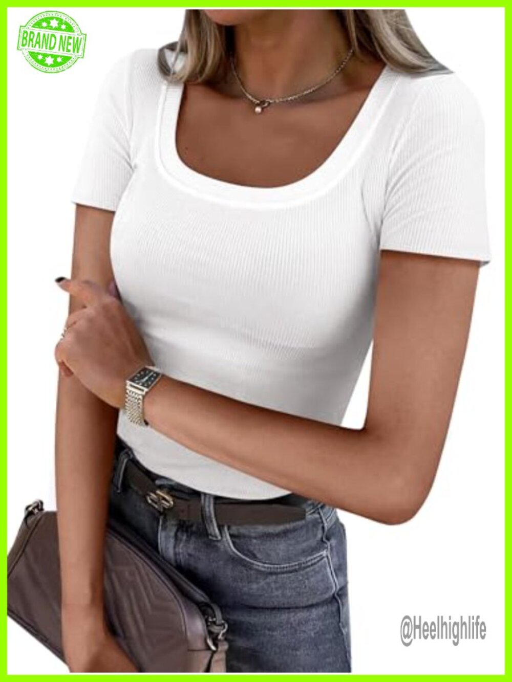 Women's Scoop Neck Ribbed Short Sleeve T-Shirt Slim Fit Casual Top